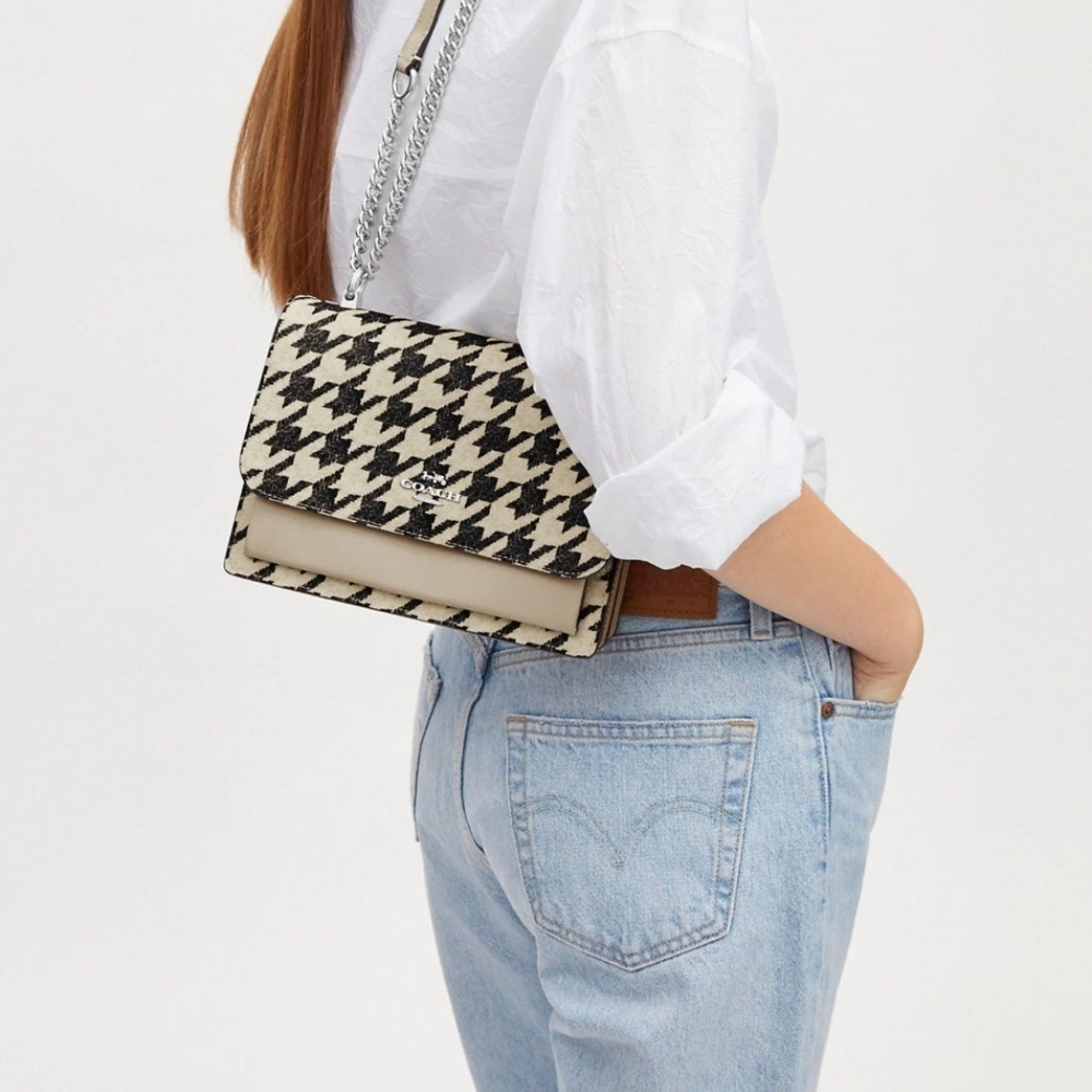 COACH 🖤🤍 Klare Black and White Cream Houndstooth Chain Crossbody Shoulder Bag